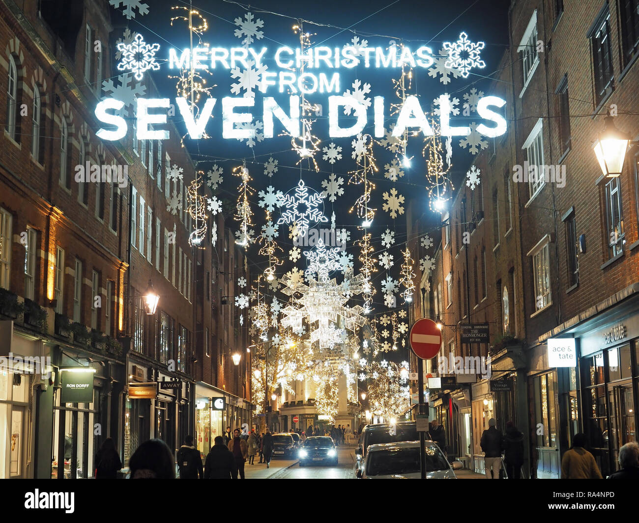 View of the London Seven Dials Christmas street decorations at night Stock Photo