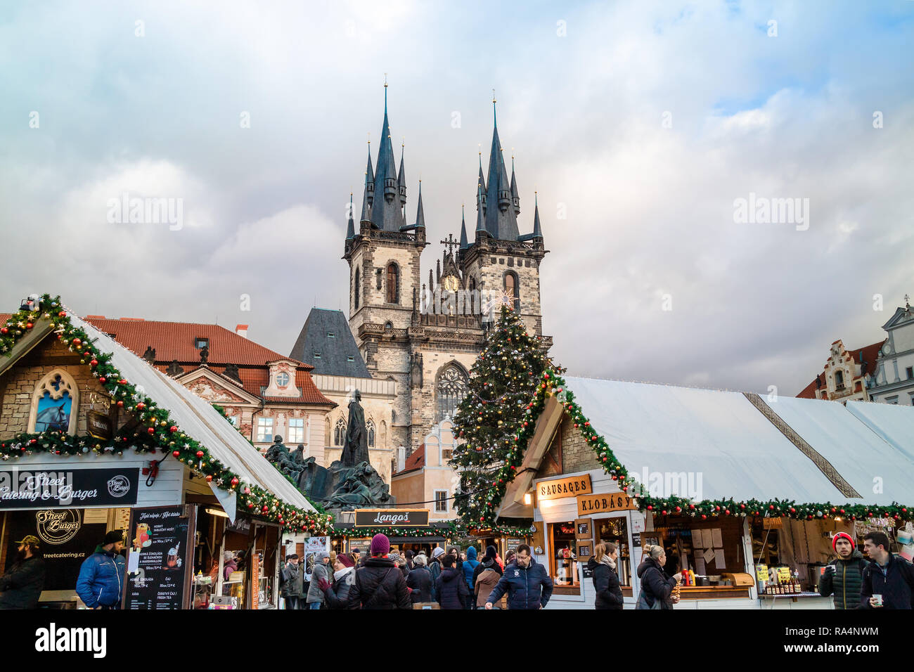 Festive Christmas market at the Old Town Square in Prague, Czech Republic. Stock Photo