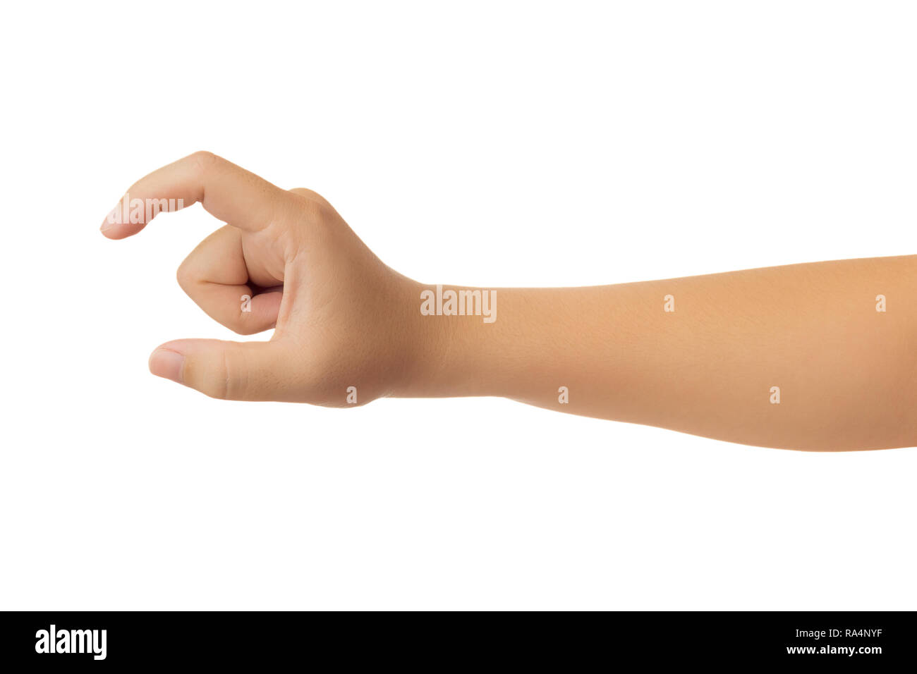 Human hand in reach out one's hand and picking gesture isolate on white background with clipping path, High resolution and low contrast for retouch or Stock Photo