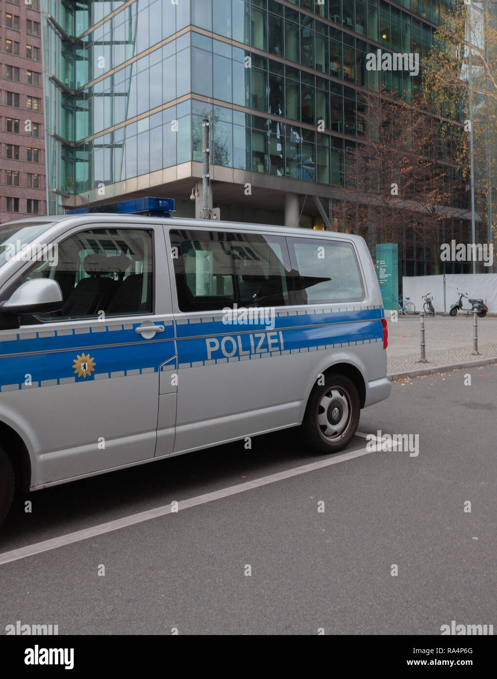 A policecar at the streets of Berlin. With the new Blue and Silver design. Stock Photo