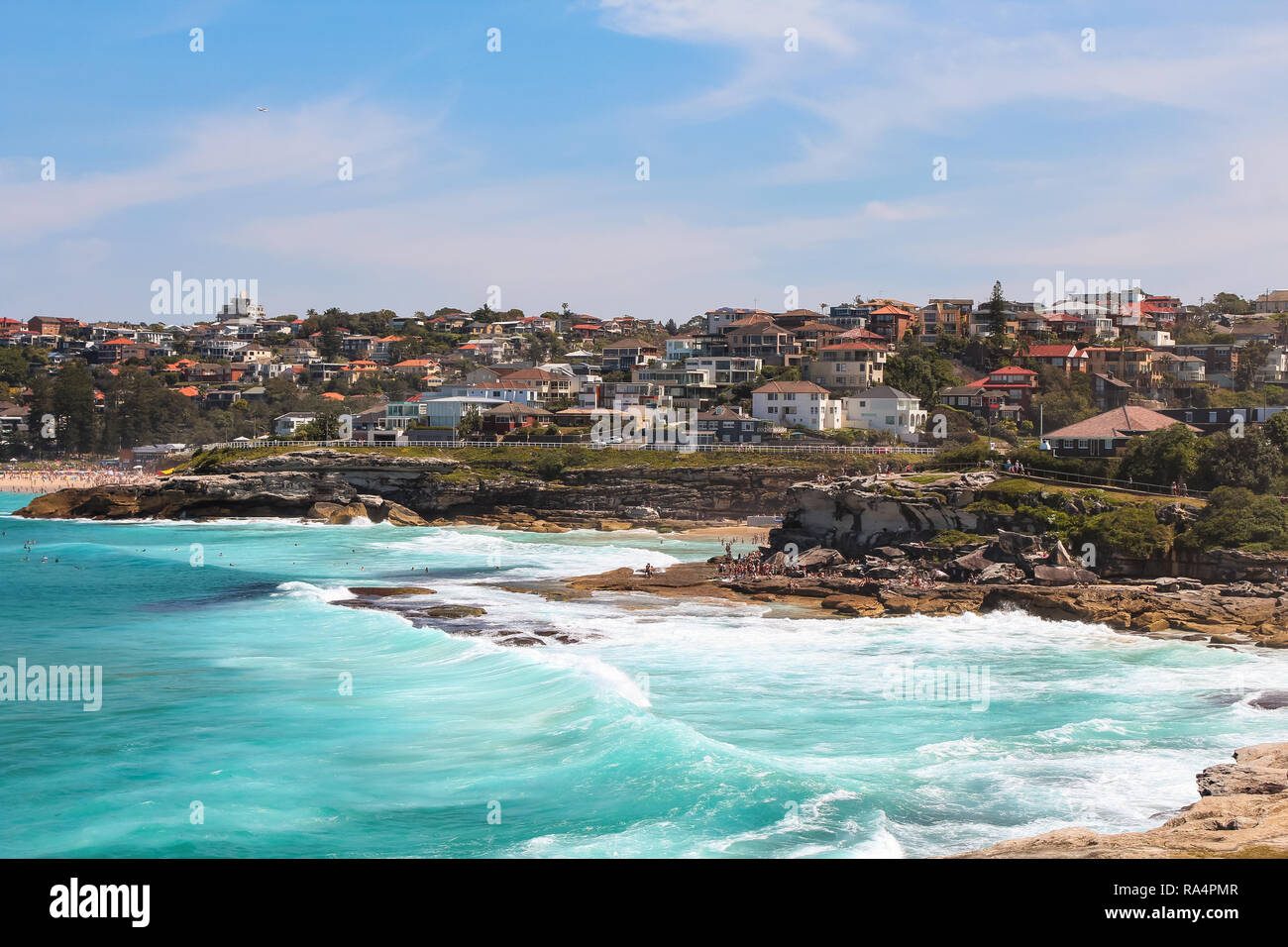 View onto Tamarama and Bronte beach seen from Mackenzies Point in summer on the Bondi to Coogee beach walk (Sydney, New South Wales, Australia) Stock Photo
