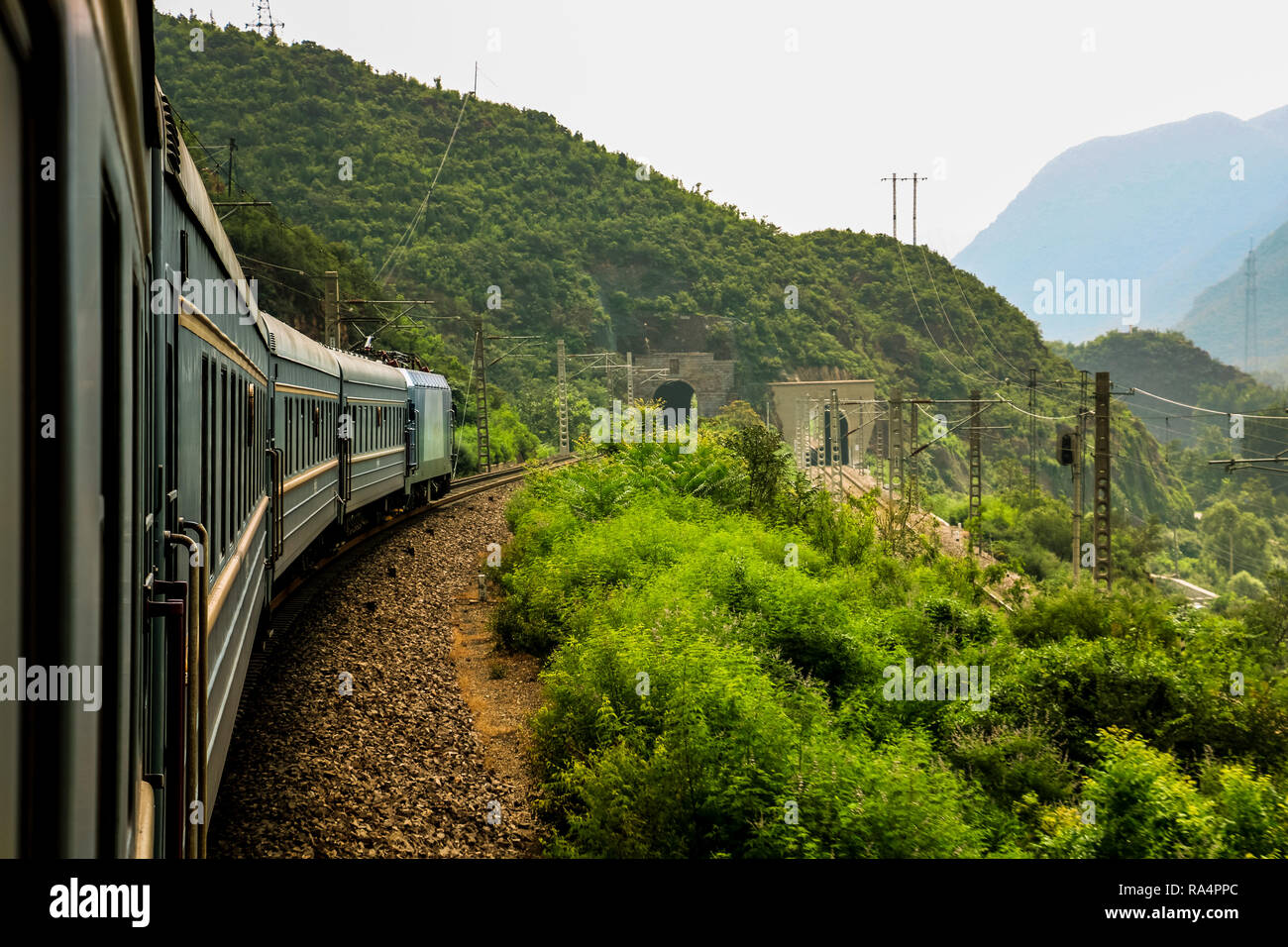 Transsiberian Railway crossing rural China near Beijing through a small valley on a sunny morning (Beijing area, China, Asia) Stock Photo