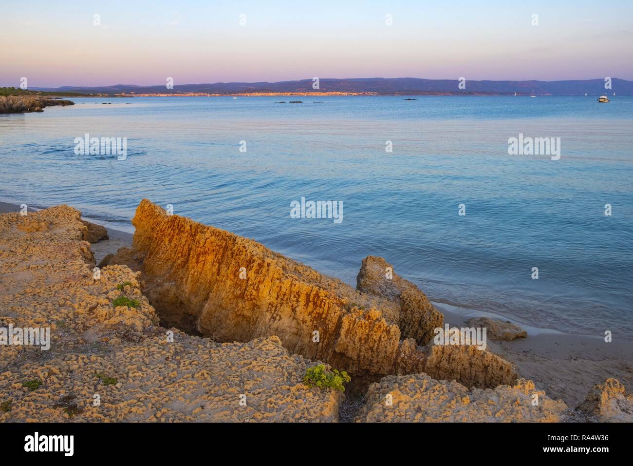 Alghero, Sardinia / Italy - 2018/08/11: Panoramic view of the Spiaggia di Lazzaretto beach at the Gulf of Alghero in the Porto Conte Regional Park Stock Photo