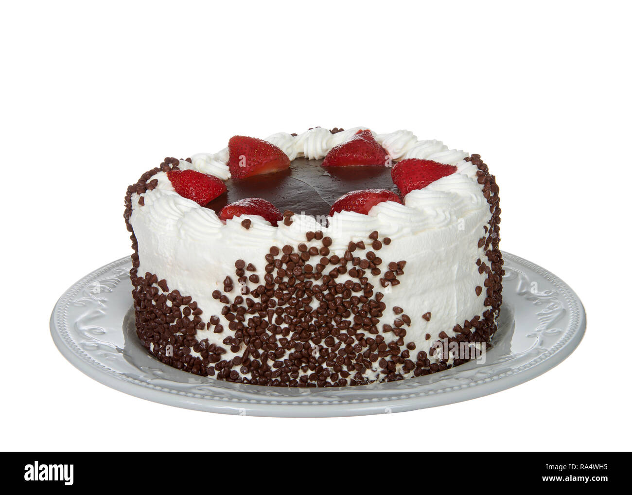 Chocolate Cake Frosting In Vanilla Cream With Chocolate Glaze Topping Surrounded By Fresh Cut Strawberries Dipped In Glaze Chocolate Chip Morsels Pres Stock Photo Alamy