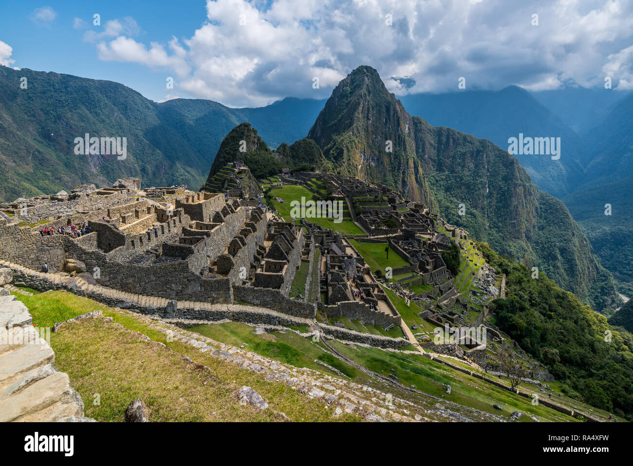 View of ancient Inca city Machu Picchu and Huayna Picchu mountains in ...