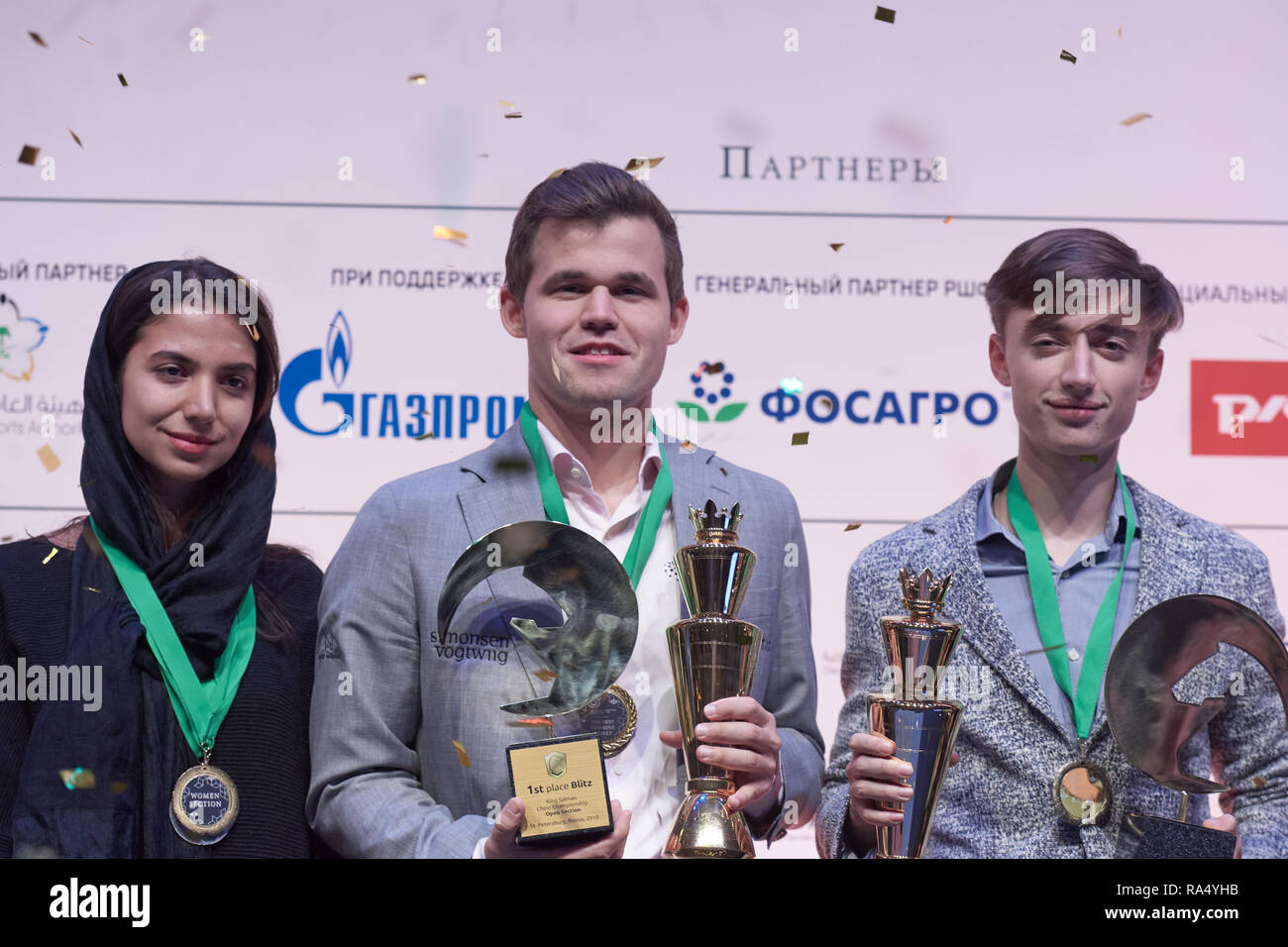 St. Petersburg, Russia - December 30, 2018: Grandmaster Alireza Firouzja,  Iran (right) during King Salman World Blitz Chess Championship 2018.  Eventua Stock Photo - Alamy