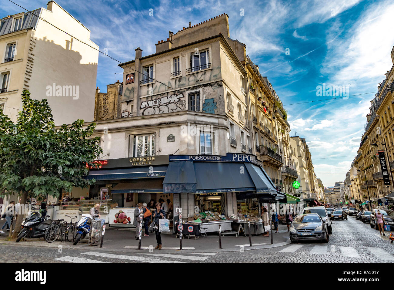 Pepone Poissonerie , a fresh fish shop on rue Lepic, Montmartre ,Paris Stock Photo