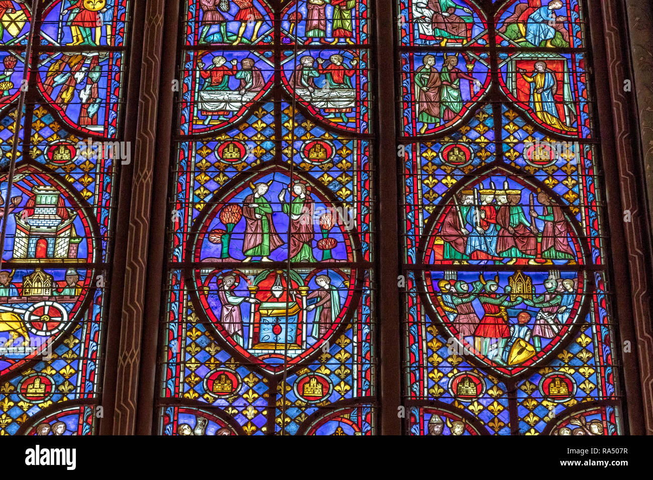 Detail of a stained glass window in Sainte-Chapelle , a royal chapel in the Gothic style, within the medieval Palais de la Cité , Paris Stock Photo