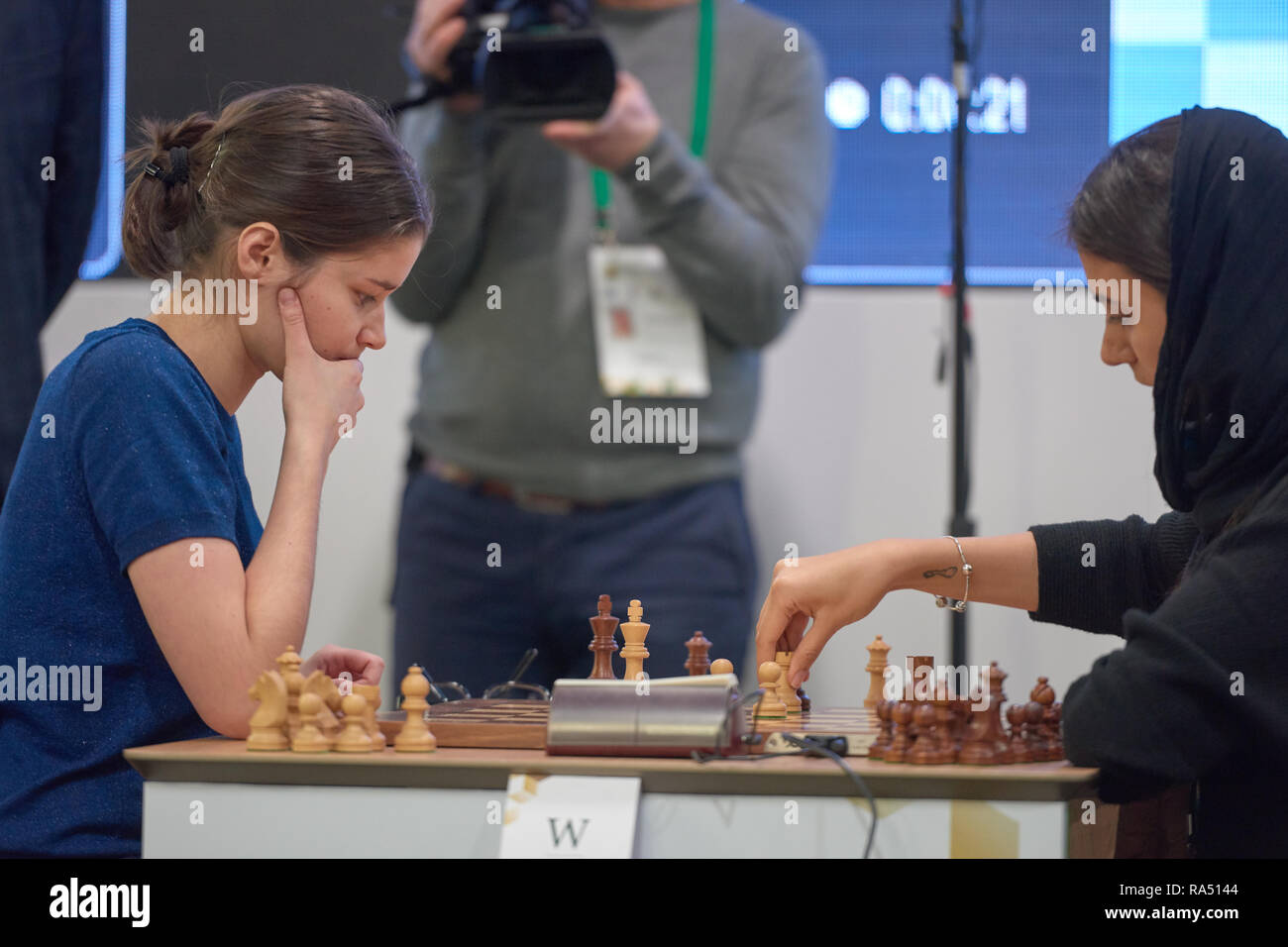 St. Petersburg, Russia - December 30, 2018: Grandmaster Alireza Firouzja,  Iran (right) during King Salman World Blitz Chess Championship 2018.  Eventua Stock Photo - Alamy