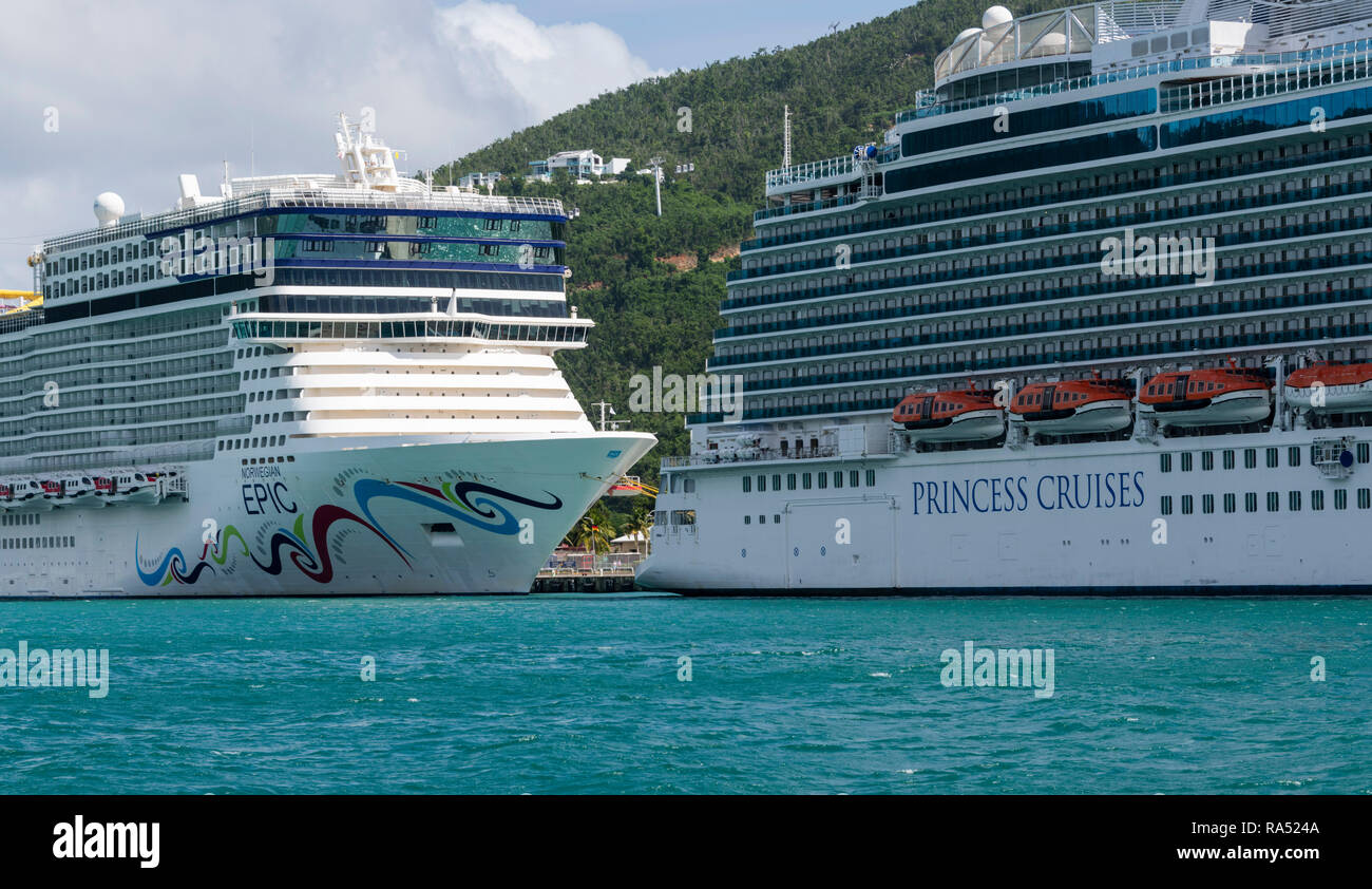 Norwegian Epic and Regal Princess cruise ships docked at St. Thomas