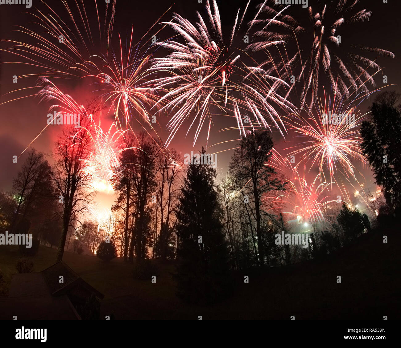 DE - BAVARIA: New Year celebration fireworks at Bad Tölz Stock Photo