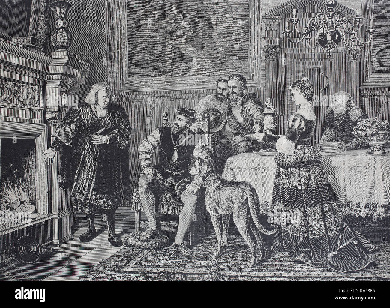 Digital improved reproduction, Emperor Charles V. visiting Anton Fugger at Augsburg, Germany, Anton Fugger, 1493 to 1560, a German merchant, Kaiser Karl V. bei Anton Fugger in Augsburg, Deutschland, from an original print from the year 1865, 19th century, Stock Photo