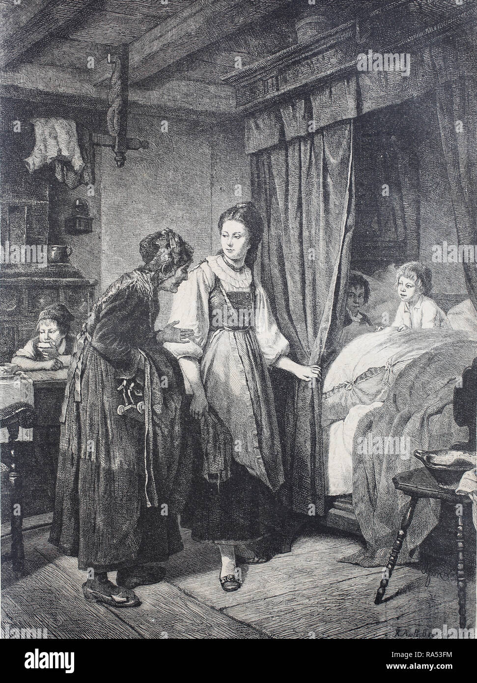 Digital improved reproduction, the godmother is visiting the godchild, godchildren, Besuch der Patin bei den Patenkindern, from an original print from the year 1865, 19th century, Stock Photo