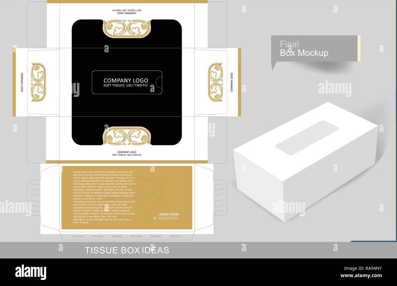Floral Decorated Golden Element On Tissue Box Template For