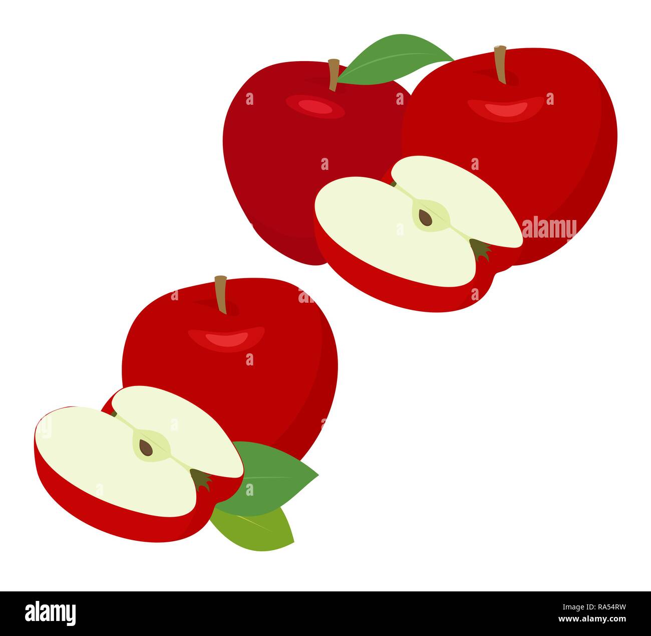 Ripe red apple fruit with apple half and apple leaf isolated on white background. Apples and leaf with vector illustration Stock Vector