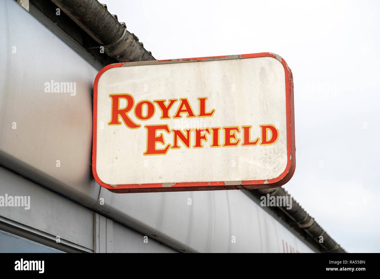 Royal Enfield motorcycle dealer sign Stock Photo