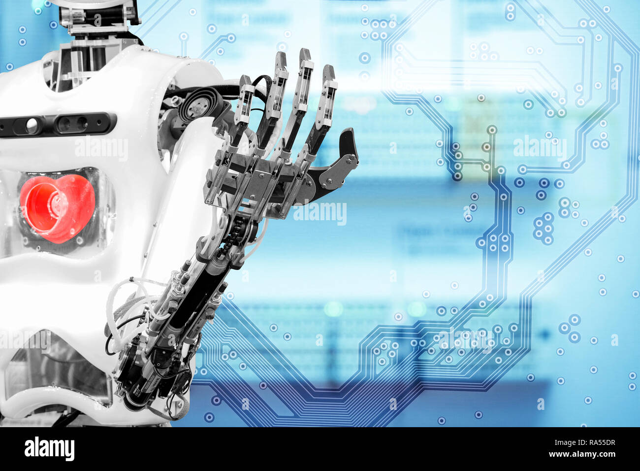Artificial intelligence that installs human heart to have mind and feel virtual human in concept idea. Stock Photo