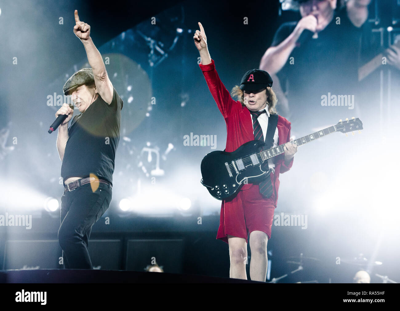 The Australian rock band AC/DC performs a live concert at Dyreskuepladsen  in Roskilde as part of the Rock or Bust World 2015 Tour. Here vocalist  Brian Johnson seen live on stage with