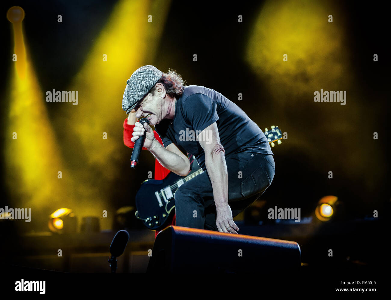 The Australian rock band AC/DC performs a live concert at Dyreskuepladsen in Roskilde as part of the Rock or Bust World 2015 Tour. Here vocalist Brian Johnson seen live on stage. Denmark, 15/07 2015. EXCLUDING DENMARK Stock Photo