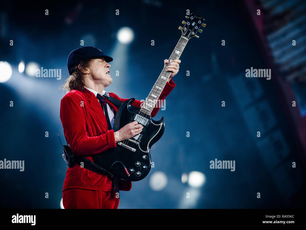 The Australian rock band AC/DC performs a live concert at Ceres Park in Aarhus as part of the Rock or Bust World 2016 Tour. Here musician and guitarist Angus Young is seen live on stage. Denmark, 12/06 2016. EXCLUDING DENMARK Stock Photo