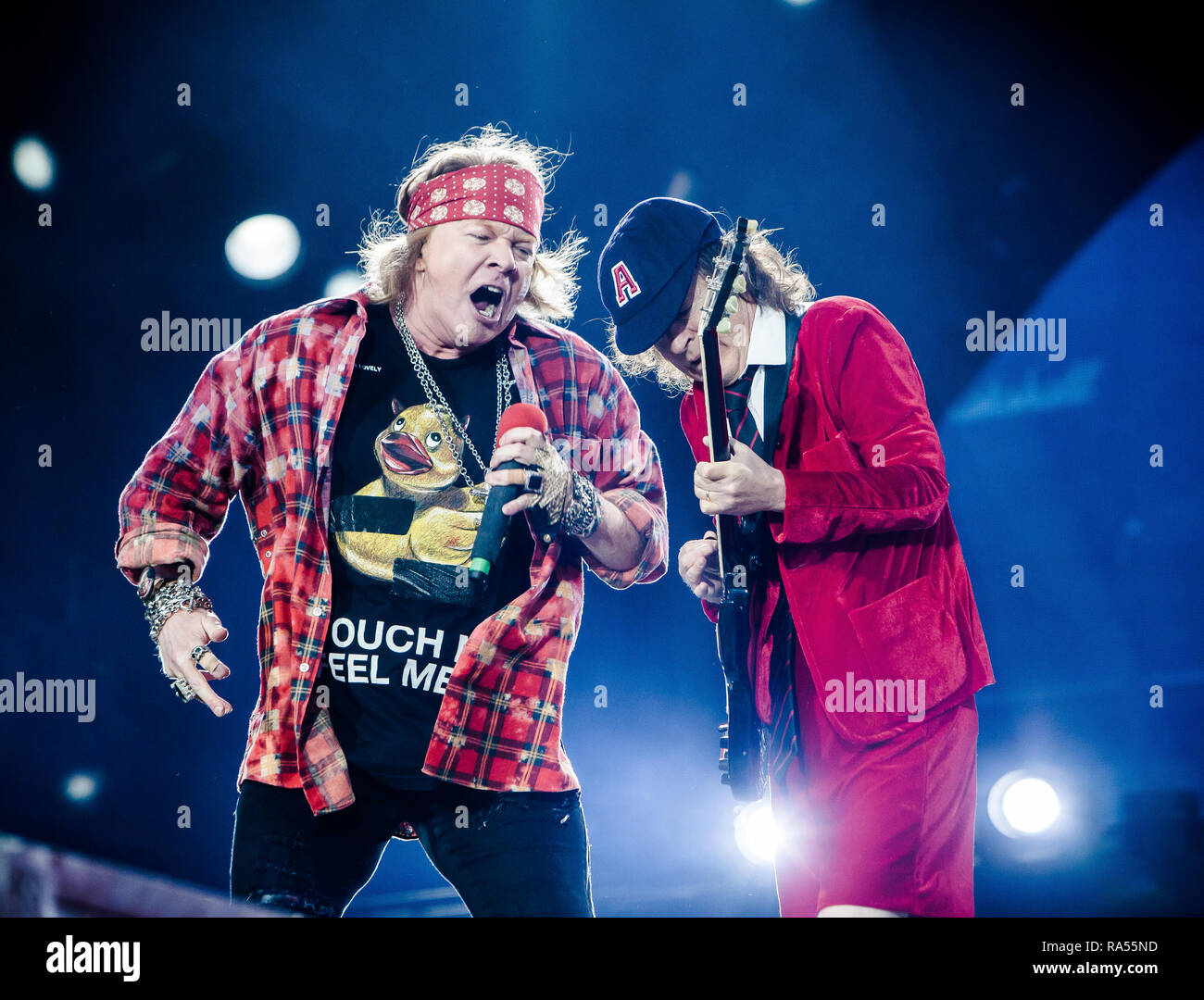 The Australian rock band AC/DC performs a live concert at Ceres Park in Aarhus as part of the Rock or Bust World 2016 Tour. Here musician and guitarist Angus Young (R) is seen live on stage with vocalist Axl Rose (L). Denmark, 12/06 2016. EXCLUDING DENMARK Stock Photo