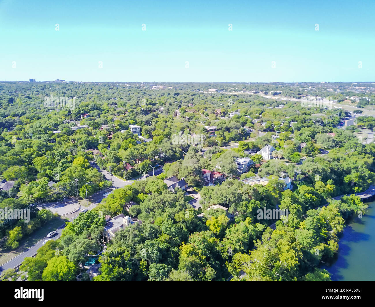 Aerial view riverside residential neighborhood near Colorado Riv Stock Photo