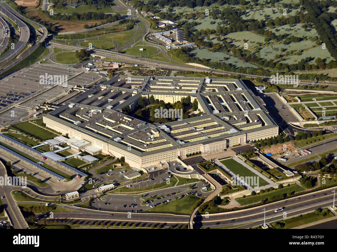 US Pentagon in Washington DC building looking down aerial view from above Stock Photo