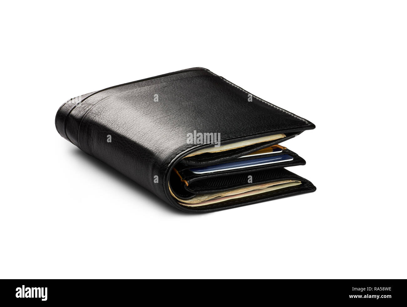Close-up view of black leather men's wallet with credit cards and banknotes - luxury, isolated on white background Stock Photo