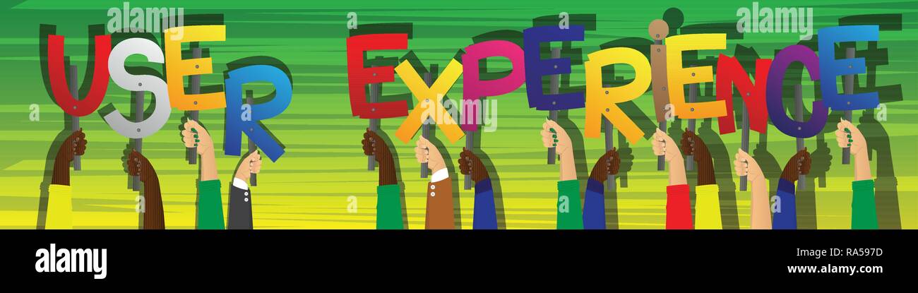Diverse hands holding letters of the alphabet created the words User Experience. Vector illustration. Stock Vector