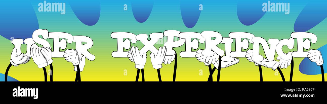 Diverse hands holding letters of the alphabet created the words User Experience. Vector illustration. Stock Vector