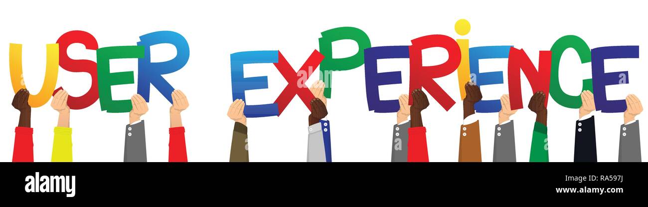 Diverse hands holding letters of the alphabet created the words User Experience. Vector illustration. Stock Vector