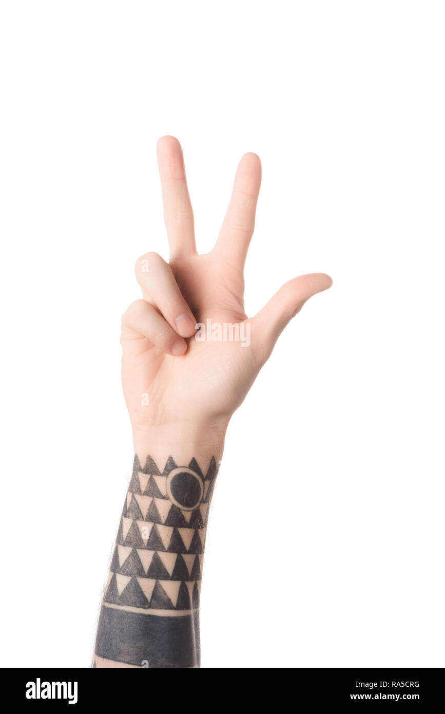 partial view of tattooed man showing number 3 in sign language isolated on  white Stock Photo - Alamy
