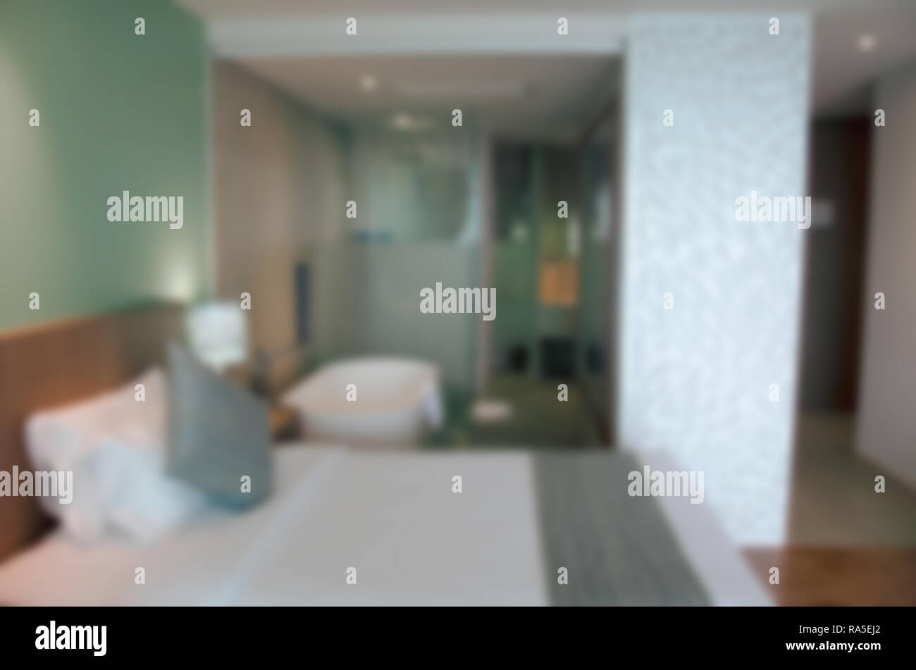 Abstract blurred background bedroom interior hotel. Stock Photo