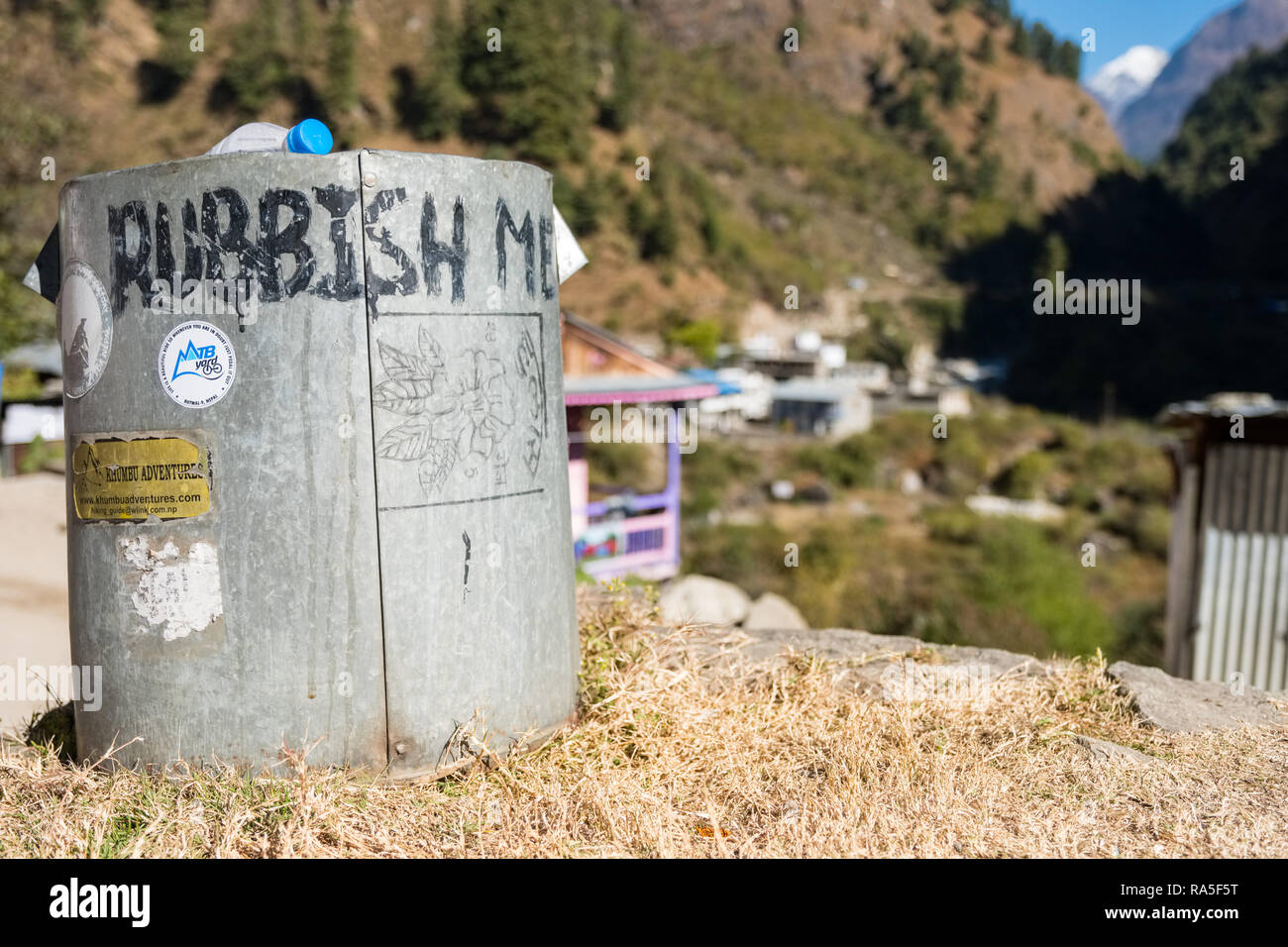 Rubbish bin on the Annapurna Circuit trek, Nepal Stock Photo