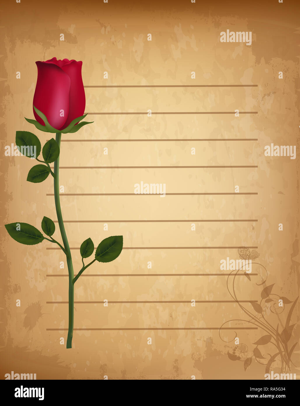 Red realistic rose on old lined paper parchment with floral ornament