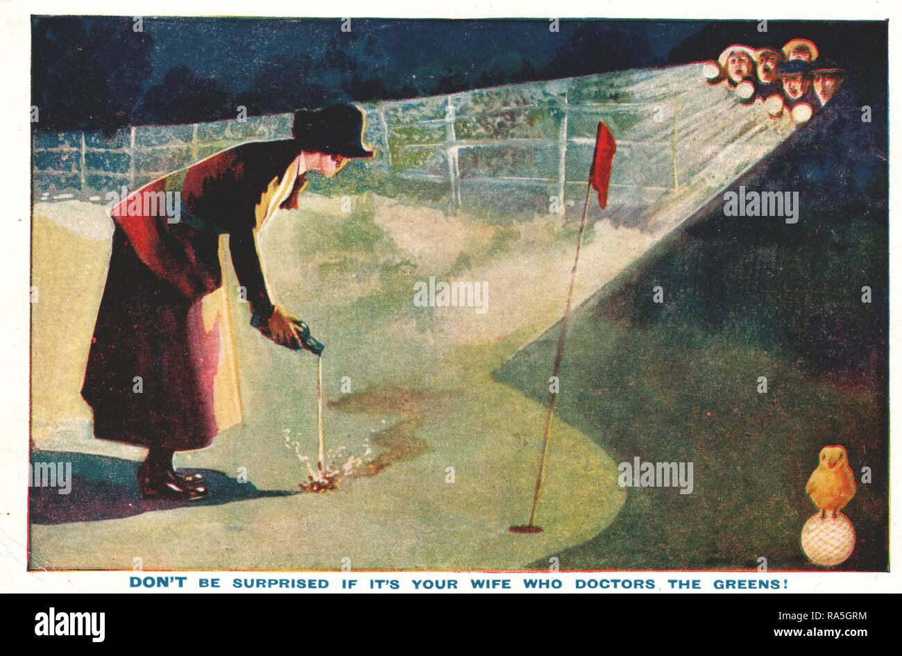 Anti-suffrage, color postcard, depicting a female suffragist, wearing Edwardian clothing, caught in the act of pouring acid on a golf-green, with the text 'Don't be surprised if it's your wife who doctors the greens!' published for the British market, 1900. () Stock Photo