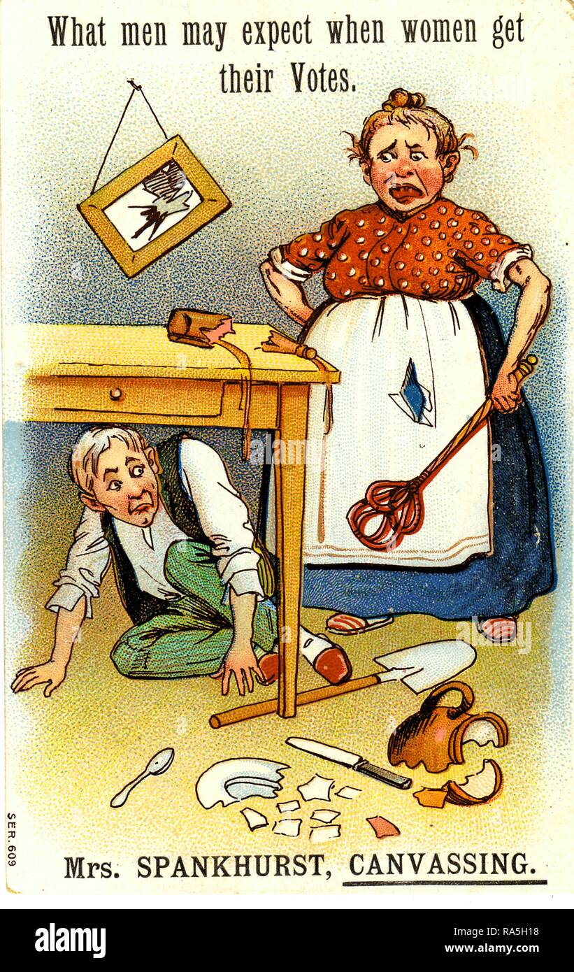 Anti-suffrage, color postcard, that satirizes the name of English activist Emmeline Pankhurst, with the caption 'Mrs Spankhurst Canvassing, ' depicting a female suffragist, as a bully and harridan, holding a rug beater in one hand, and shouting at a man who hides beneath a table, with the text 'What men may expect when women get their votes, ' published for the British market, 1900. () Stock Photo