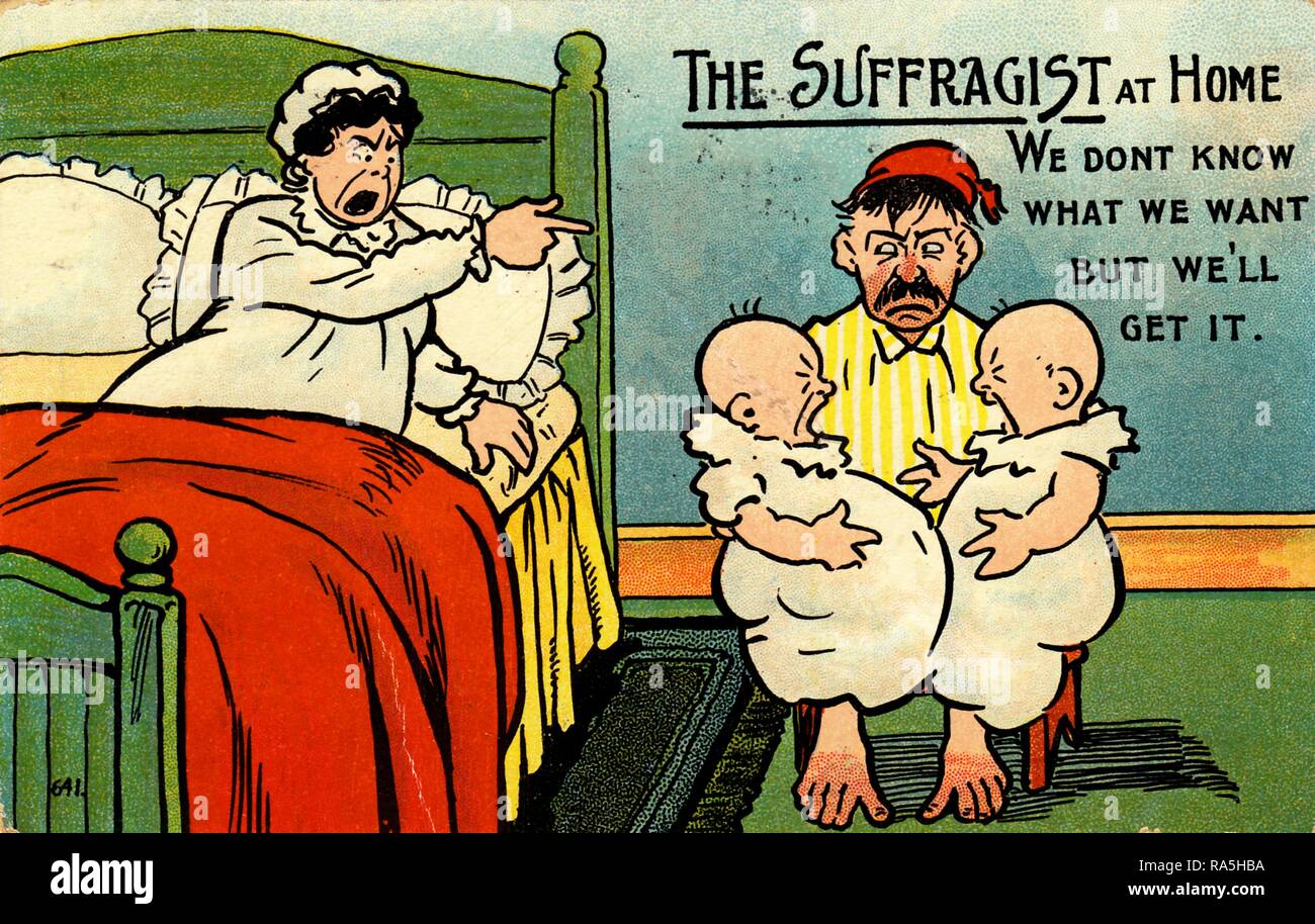 Anti-suffrage, color postcard, with an illustration of a woman, sitting in  bed, wearing a white cap and nightgown, pointing, and presumably shouting  at her husband (wearing yellow, striped pyjamas and a red