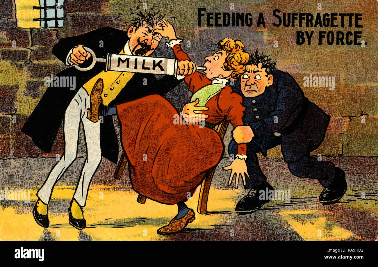 Anti-suffrage, color postcard, with a satirical illustration, depicting an adult woman, wearing a red dress, behaving in a childish manner, while a policeman, and a man wearing a suit and spats, force-feed her with a syringe labeled 'milk, ' captioned 'Feeding a Suffragette, ' published for the British market, 1900. () Stock Photo