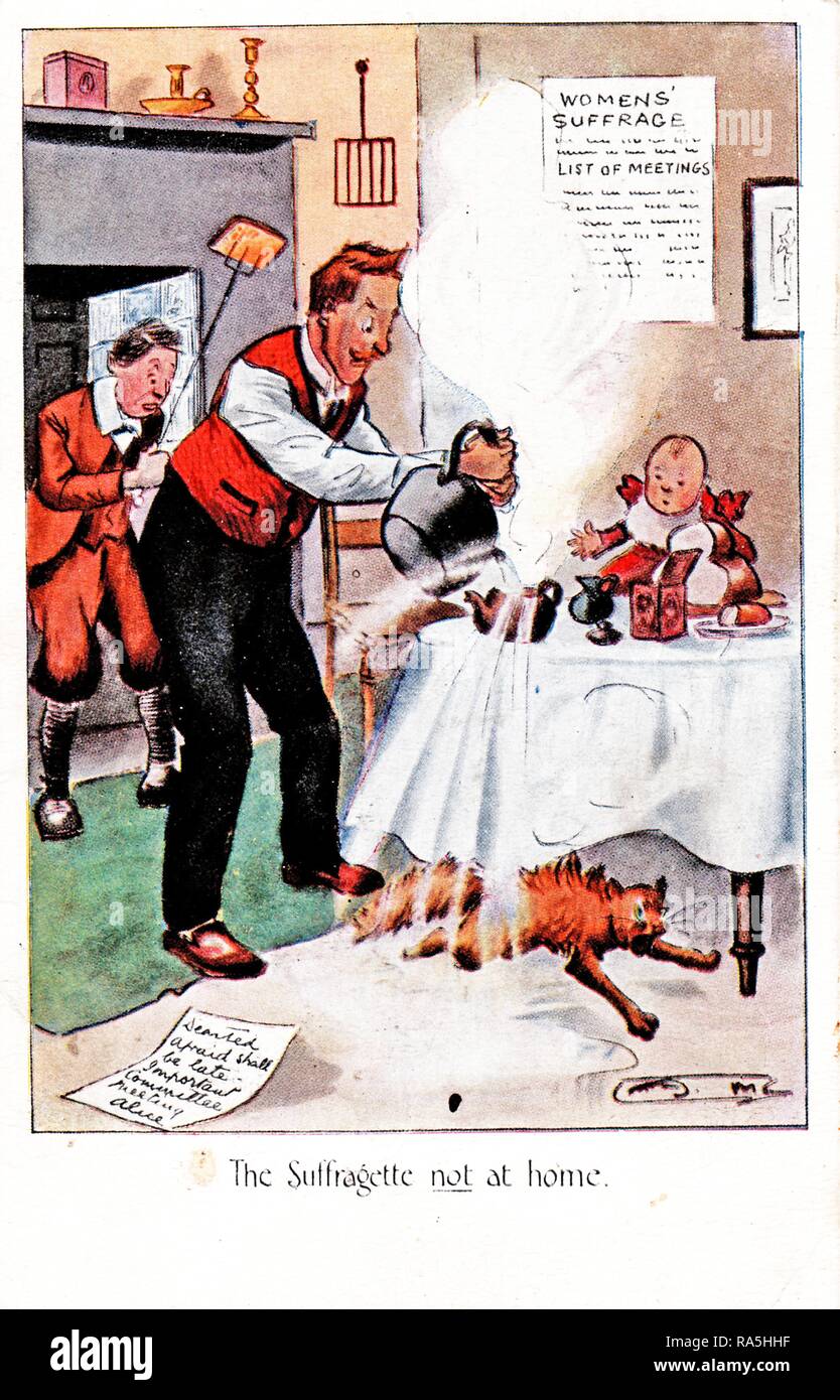 Anti-Suffrage, color postcard, depicting a red-haired man, wearing a red vest and black trousers, spilling water as he attempts to fill a teapot, while a scared cat runs away and a baby and young son watch in dismay, with a list of suffrage meetings on the wall, and a note from an absent wife in the lower left foreground, captioned 'The Suffragette not at home, ' published for the British market, 1900. () Stock Photo