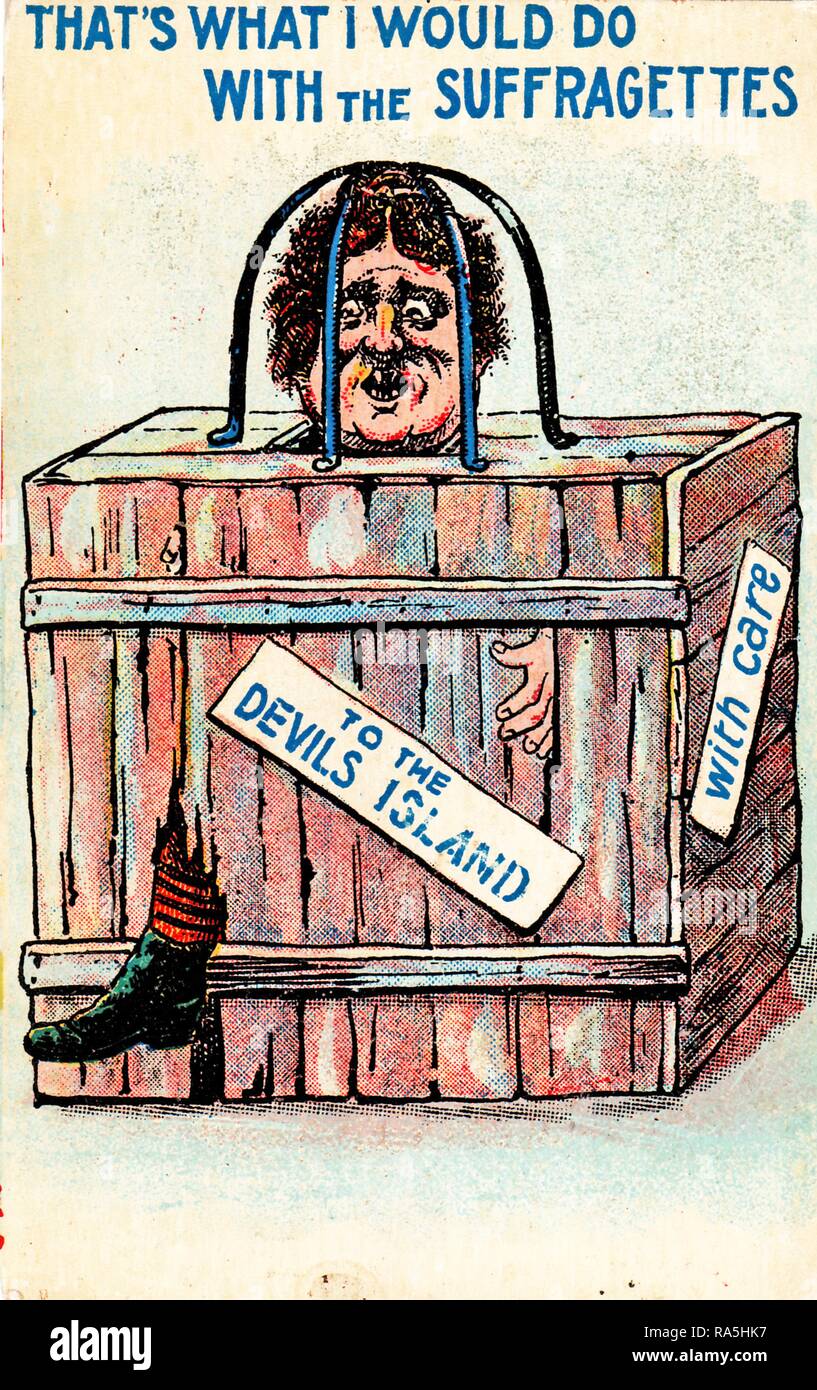 Anti-suffrage, color postcard, depicting an unattractive, female suffragist, trapped in a wooden box with a metal frame for her head at the top, with a sticker reading 'To The Devils Island, ' and the caption 'That's What I Would Do With The Suffragettes, ' published for the British market, 1900. () Stock Photo