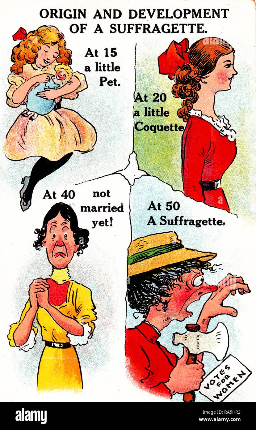 Anti-Suffrage, color postcard, titled 'The Origin and Development of a Suffragette, ' with four scenes, depicting (clockwise from upper left) a pretty, blonde girl, holding a doll, captioned 'At 15 a little Pet, ' an attractive, young woman, wearing a red dress, captioned 'At 20 a little Coquette, ' an unattractive, middle-aged woman, wearing a yellow dress, captioned 'At 40 not married yet!' and an angry, mature, hatchet-wielding woman, captioned 'At 50 A Suffragette, ' the latter image possibly referencing suffragist Mary Leigh, published for the British market, 1915. () Stock Photo