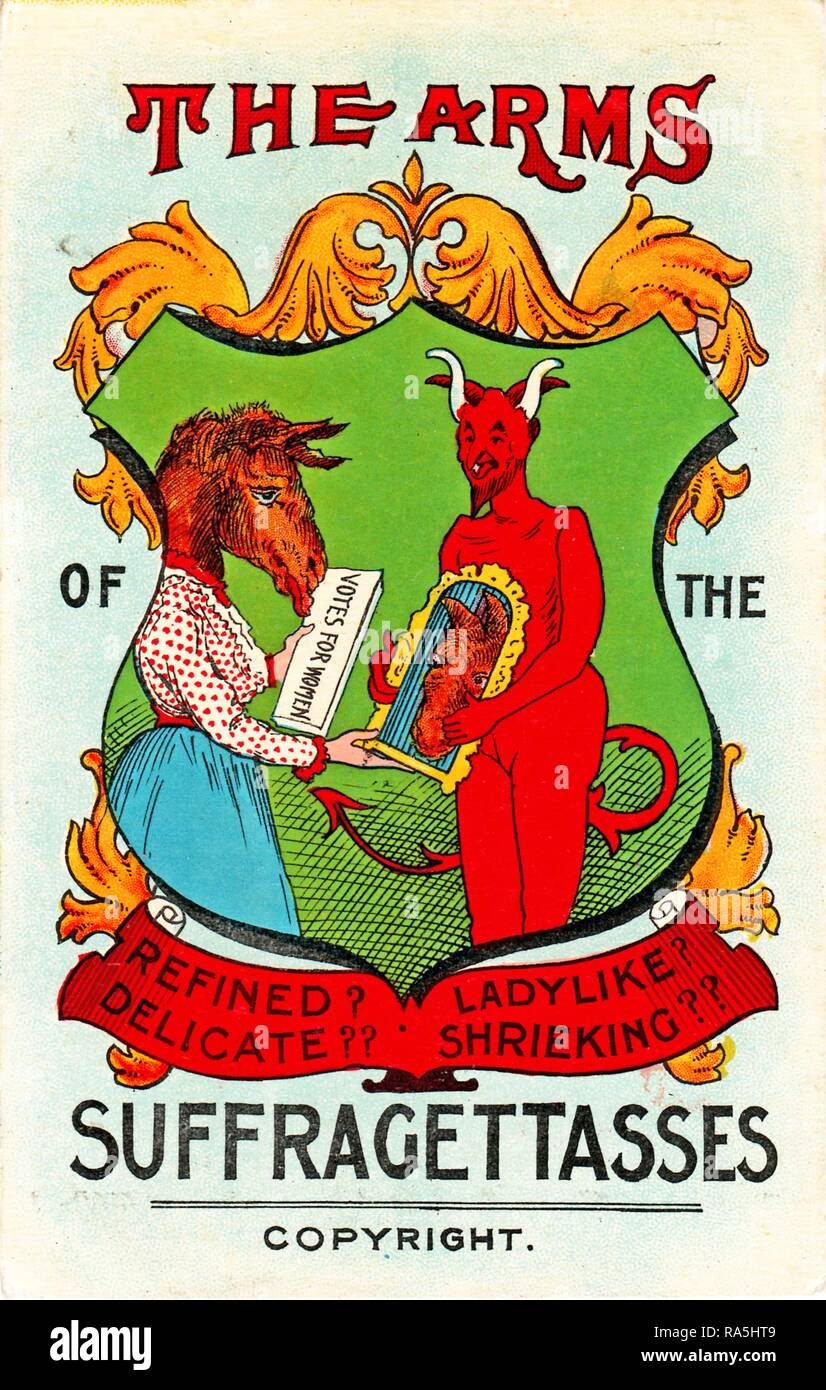 Anti-Suffrage, color postcard, depicting a mock coat of arms, in which a vain suffragette, with the head of a mule, looks at her reflection in a mirror held by a red, horned devil, captioned 'The Arms of the Suffragettasses, ' published for the British market, 1900. () Stock Photo
