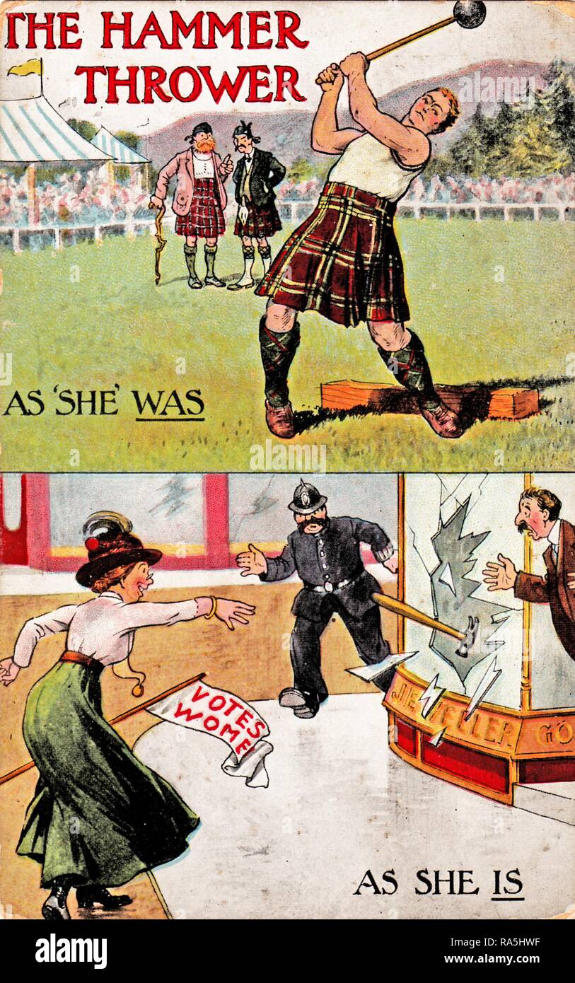 Anti-Suffrage, color postcard, in two registers, depicting (top) a man wearing a tartan kilt and sleeveless top, swinging a hammer in a Scottish hammer-throwing competition, captioned, 'The Hammer Thrower As 'She' Was, ' and (bottom) a suffragist, wearing a green Edwardian skirt, white blouse, and large hat, gleefully hurling a hammer through a glass shop window, captioned 'As She Is, ' published for the British market, 1900. () Stock Photo