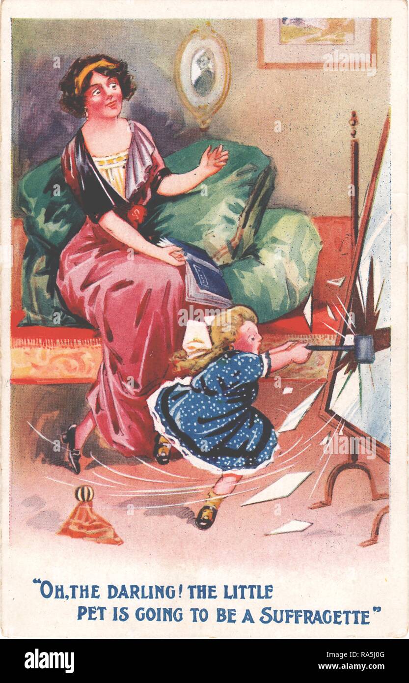 Anti-Suffrage, color postcard, depicting a dark-haired suffragist mother, wearing a pink and purple, Edwardian dress, delightedly watching her blonde-haired daughter breaking a mirror with a hammer, captioned 'Oh, The Darling! The Little Pet is Going To Be A Suffragette, ' published for the British market, 1900. () Stock Photo