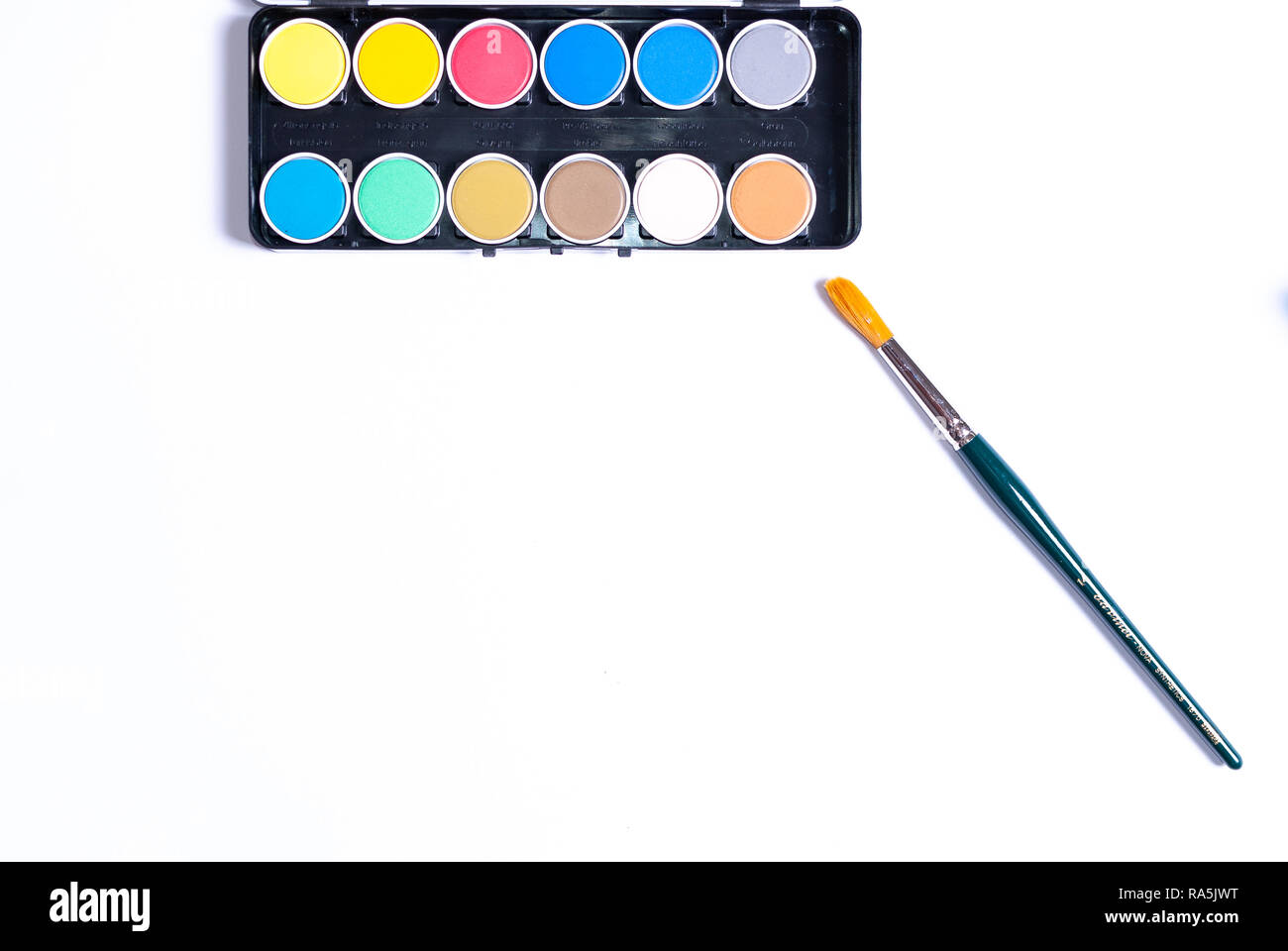 Colorful of watercolor tray background with watercolor set. Selective  focus. Stock Photo