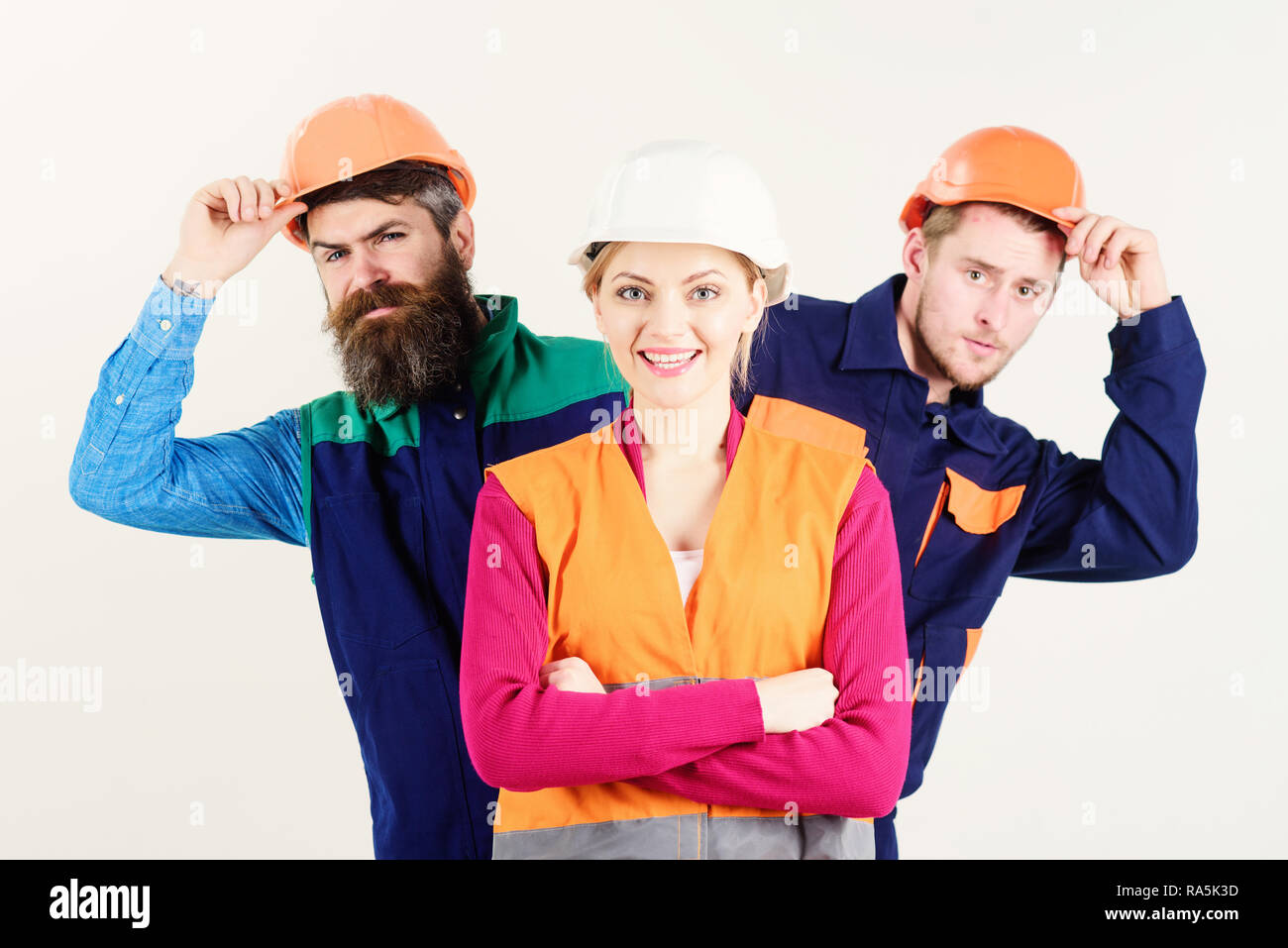 Team and leadership concept. Woman, leader in hard hat with happy face ...