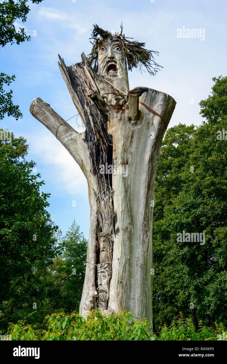 Carved faces on dead tree trunk, Galindia, Lake Beldany, Iznota, Ruciane-Nida, Warmia-Masuria, Poland Stock Photo