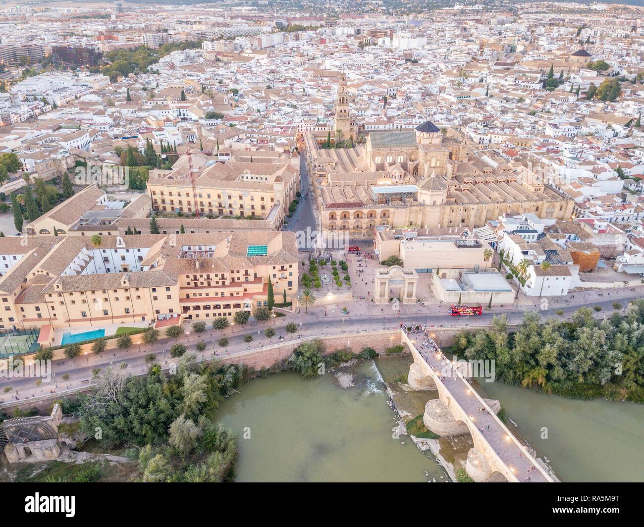 Aerial view of famous Roman bridge and Mosque, Cathedral of Cordoba, Andalusia, Spain Stock Photo