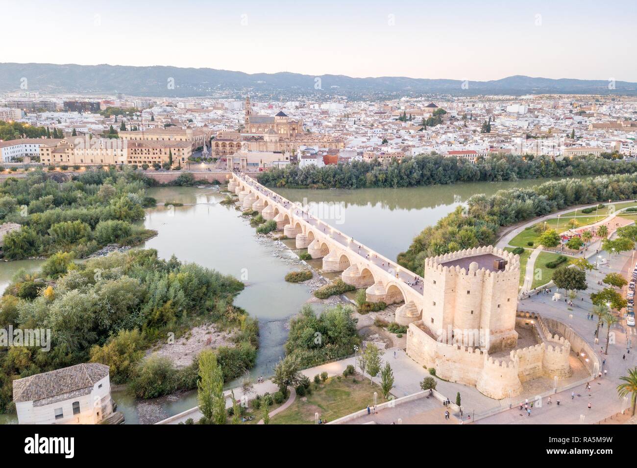 Aerial view of famous Roman bridge and Mosque, Cathedral of Cordoba, Andalusia, Spain Stock Photo